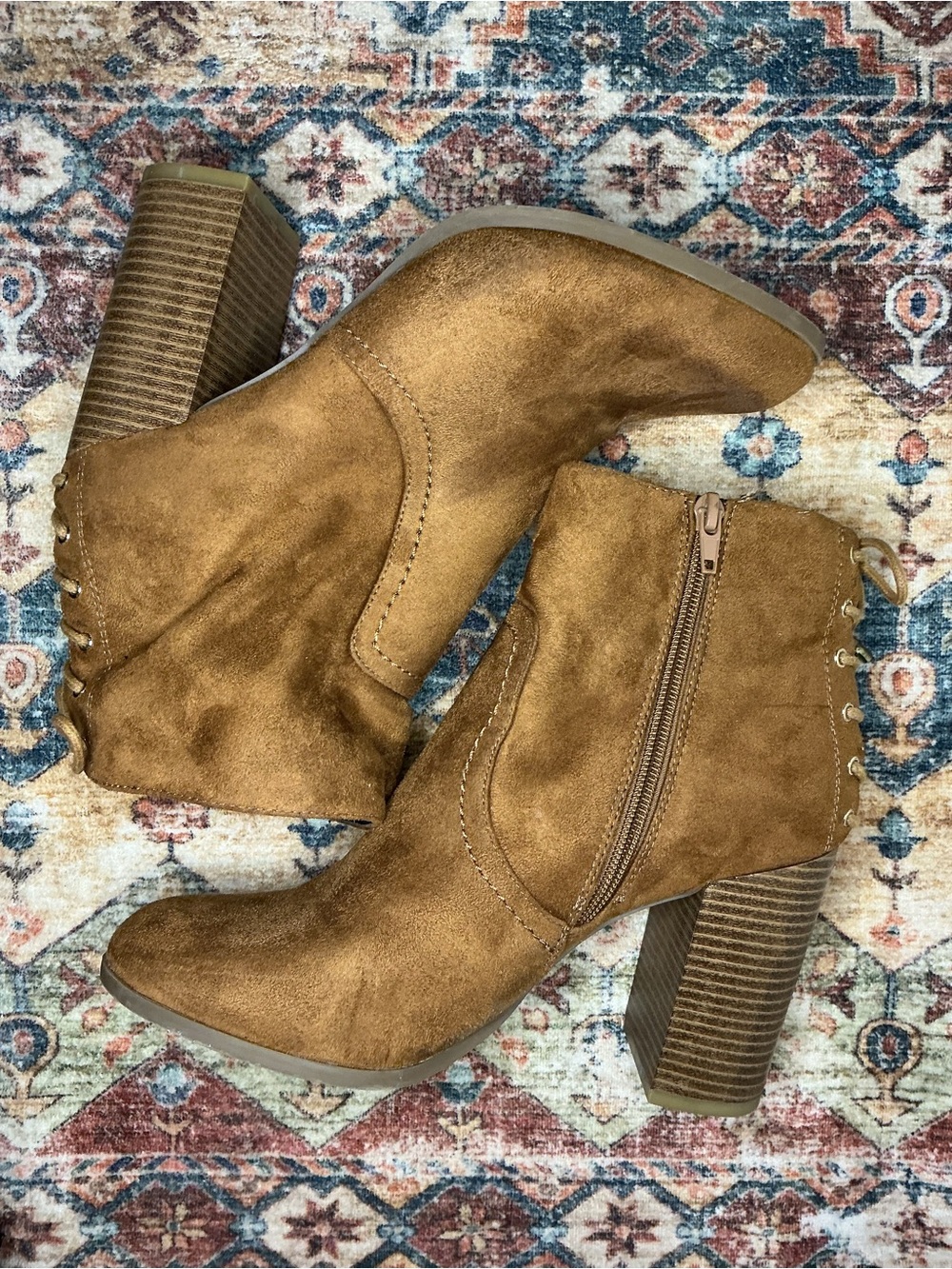 Indigo Cognac Suede Stacked Heel Ankle Booties
